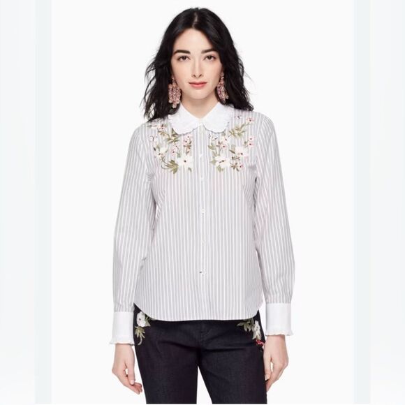 Kate Spade Embroidered Floral Striped Button Down with Ruffle Collar - Size XS - Picture 1 of 10